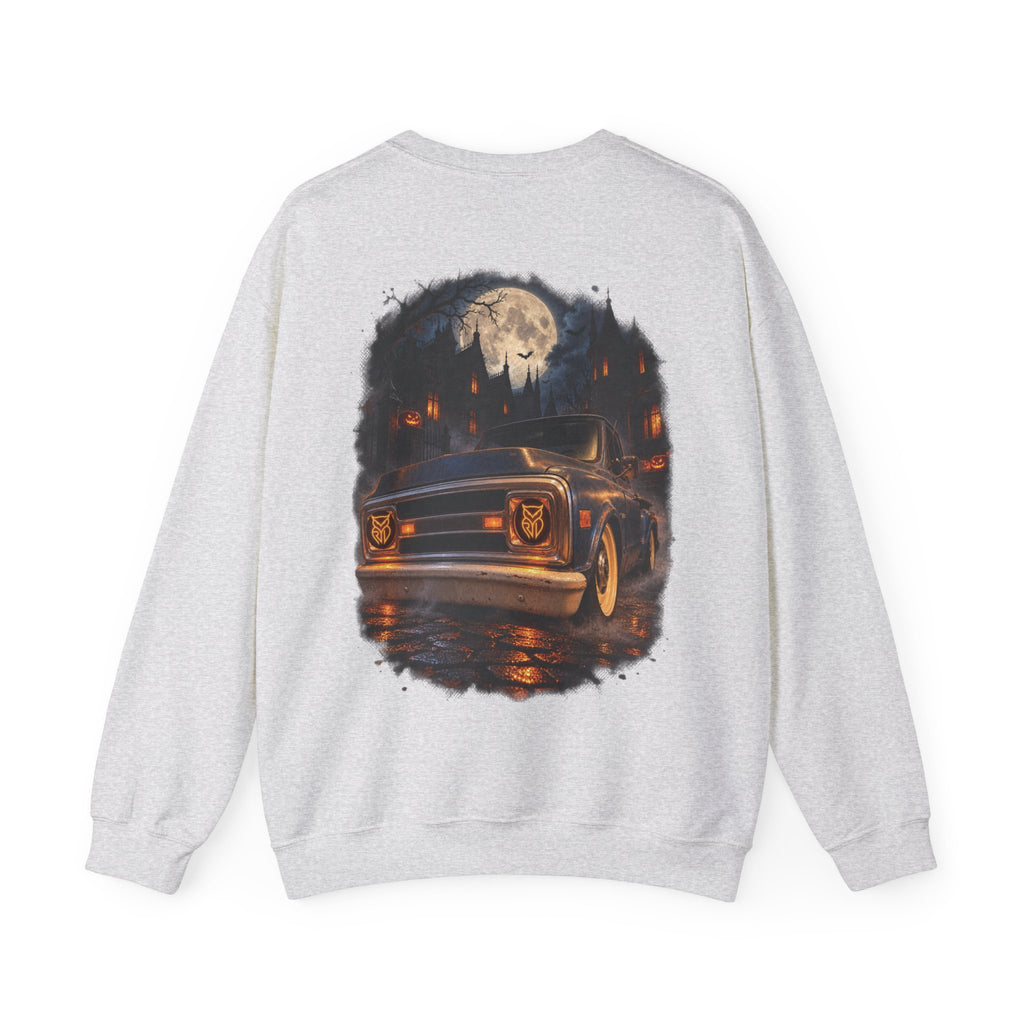 Rare Lab After Dark Midnight crewneck in Orange: small night-sky owl on the chest, C10 truck under a full moon on the back