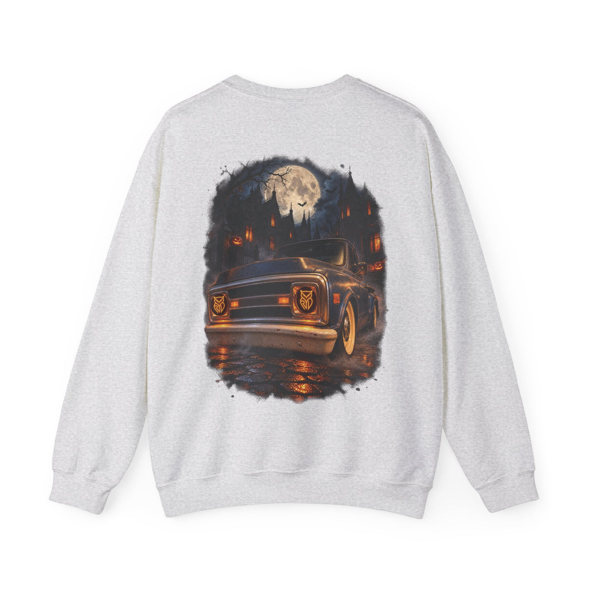 Rare Lab After Dark Midnight crewneck in Orange: small night-sky owl on the chest, C10 truck under a full moon on the back