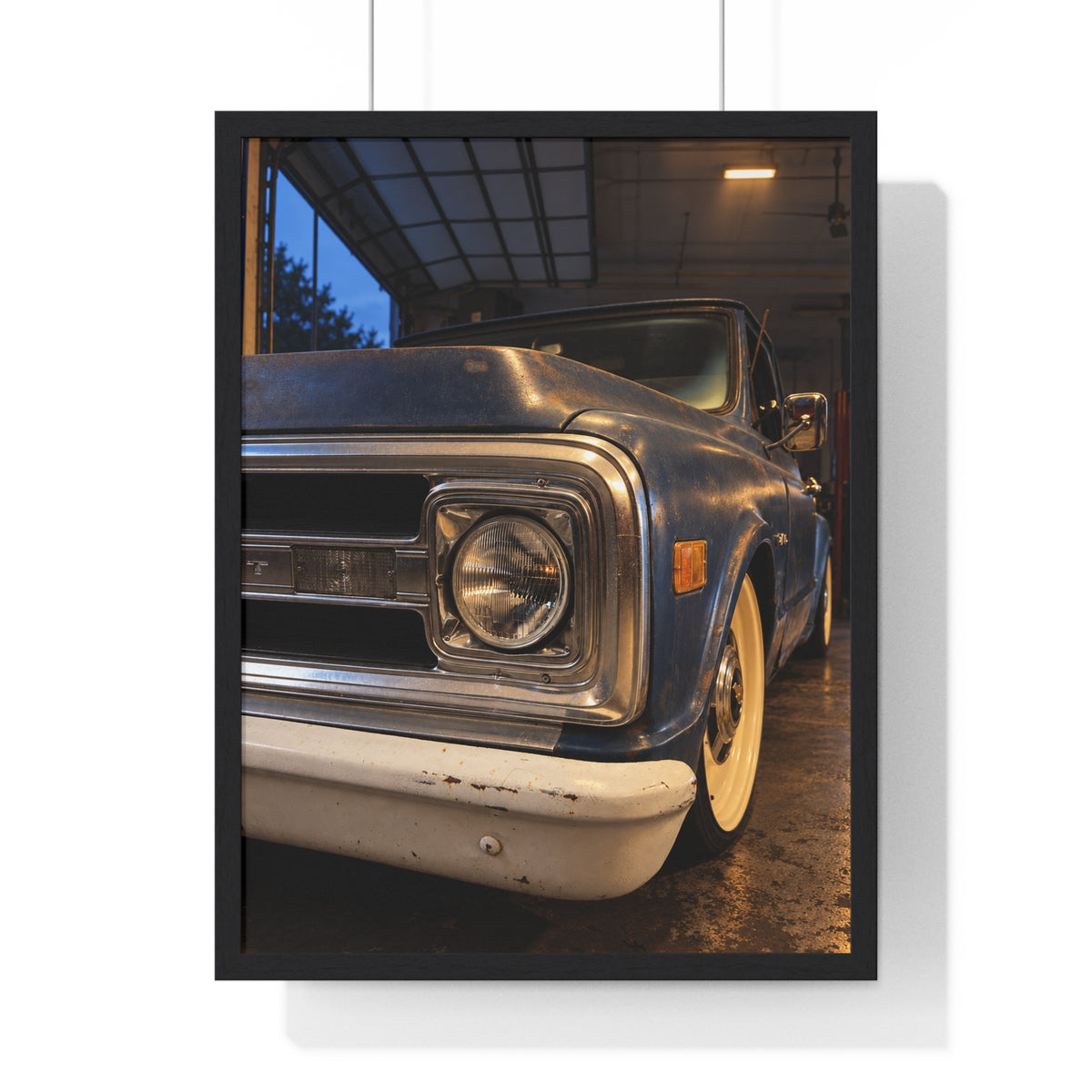 Rare Lab Vintage Blue Truck framed poster: close-up of a classic truck's headlight, bumper and whitewall tire