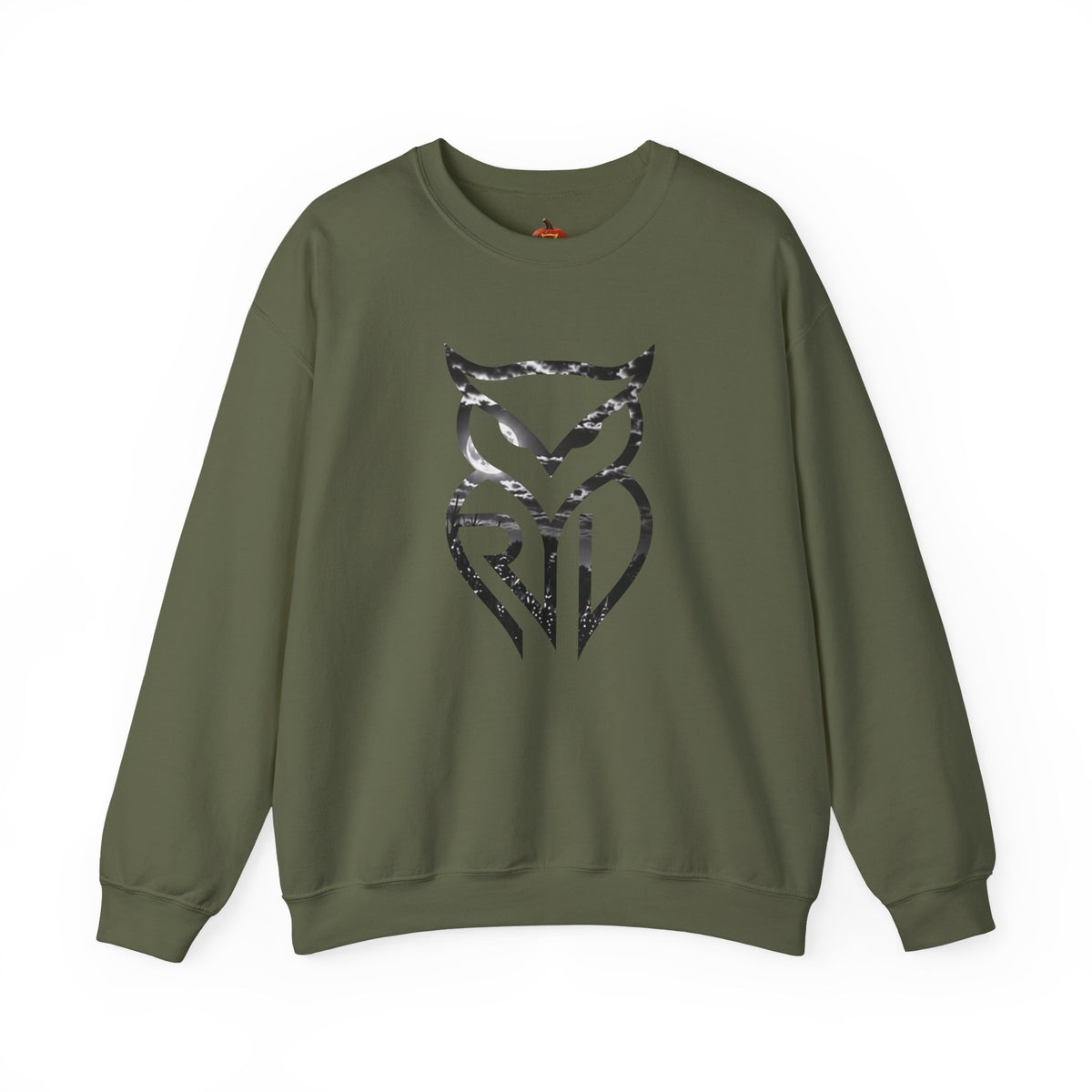 Rare Lab Owl Lantern crewneck sweatshirt: glowing Rare Lab owl jack-o'-lantern on the front, moonlit pumpkin patch scene on the back