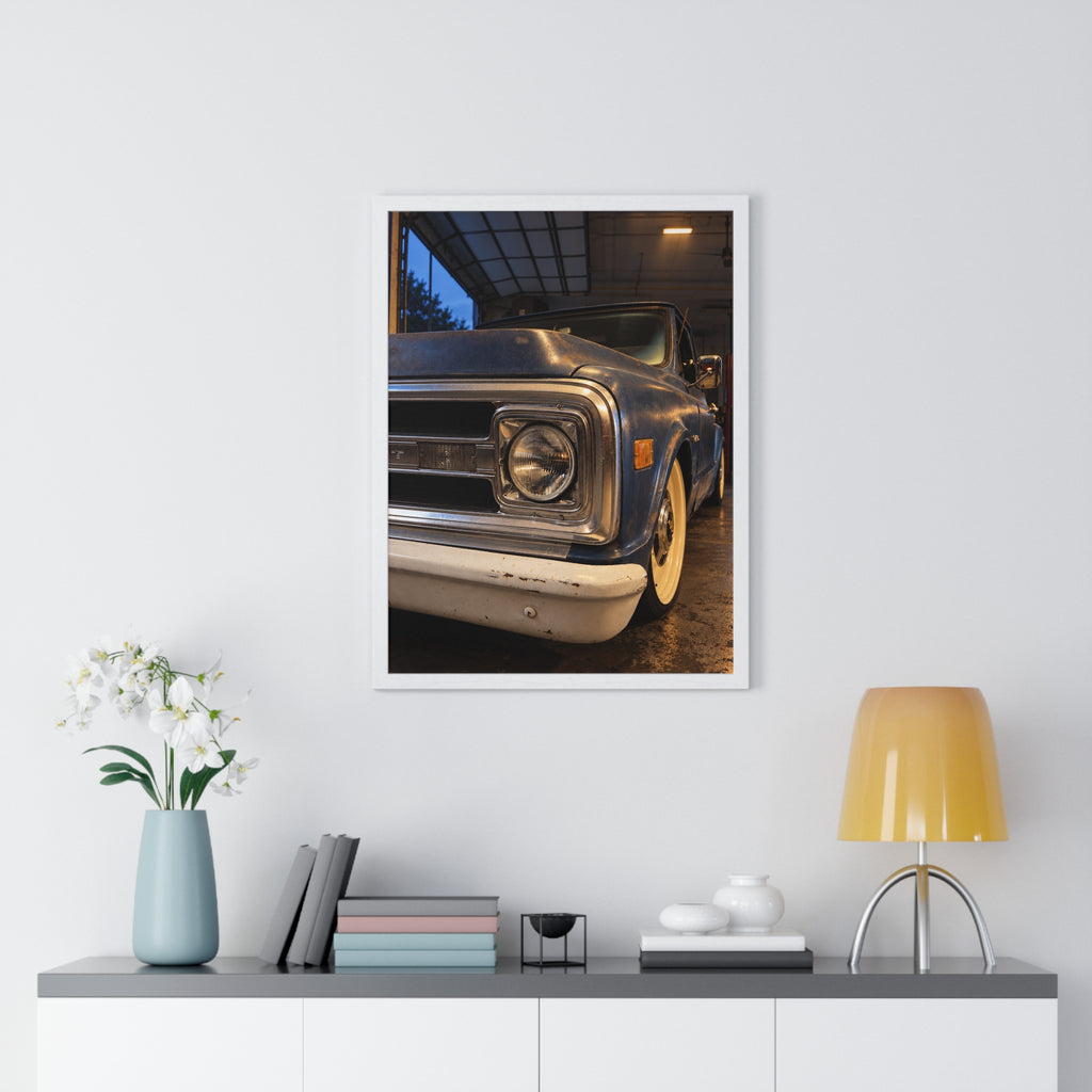 Rare Lab Vintage Blue Truck framed poster: close-up of a classic truck's headlight, bumper and whitewall tire