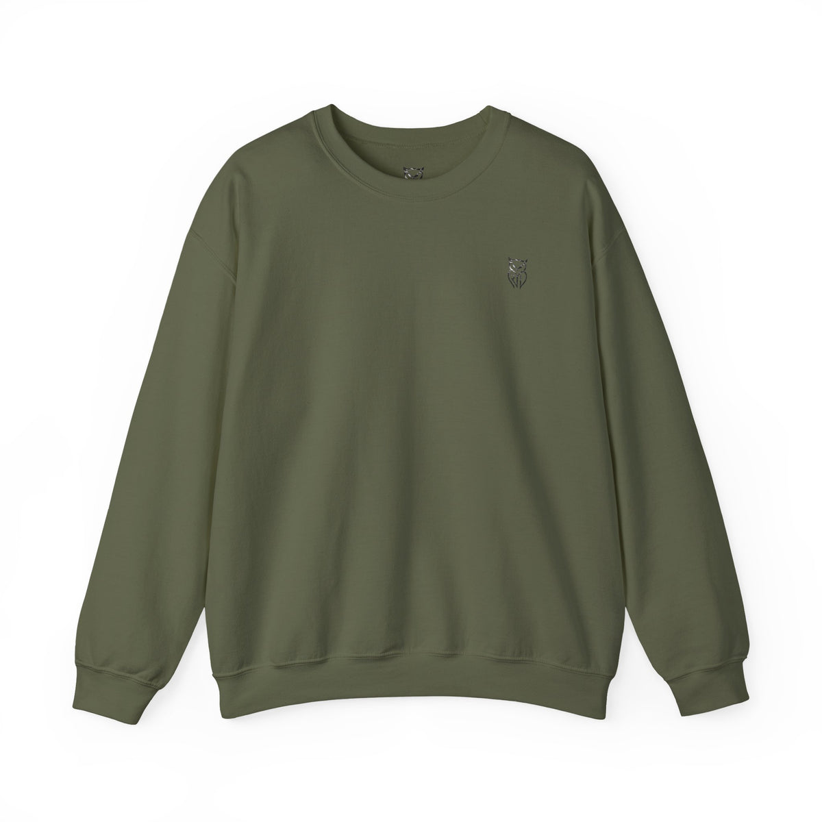 Rare Lab After Dark Midnight crewneck in Military Green: small night-sky owl on the chest, C10 truck under a full moon on the back