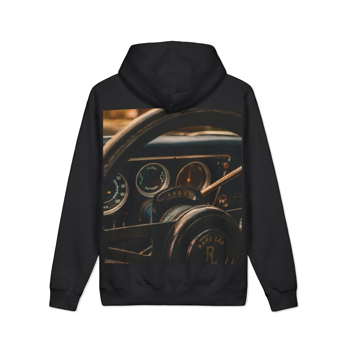 Rare Lab Retro Dashboard heavyweight hoodie: photo print of a classic car dashboard on the back