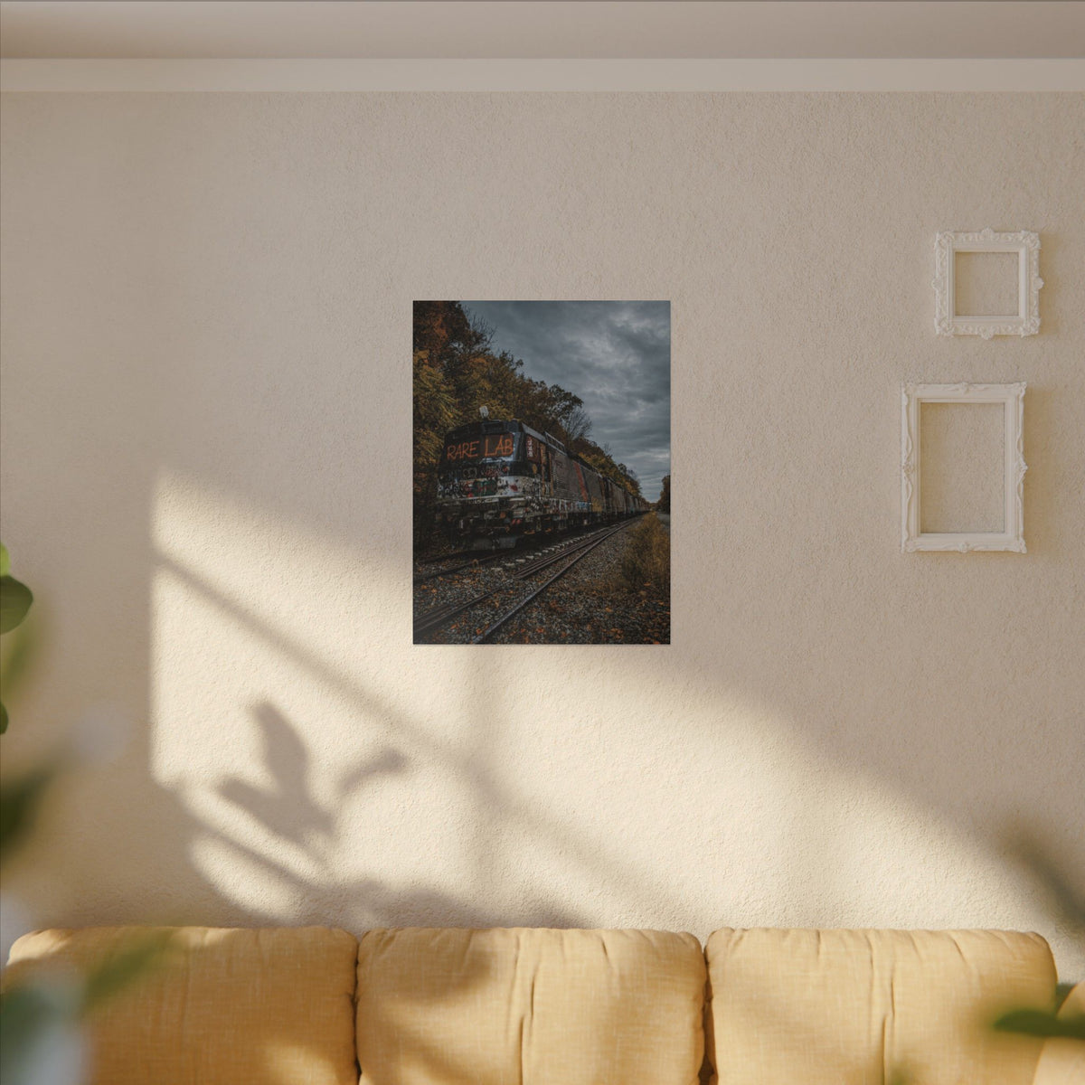 Rare Lab Graffiti Train canvas: a graffiti-covered train under a brooding sky with golden autumn trees