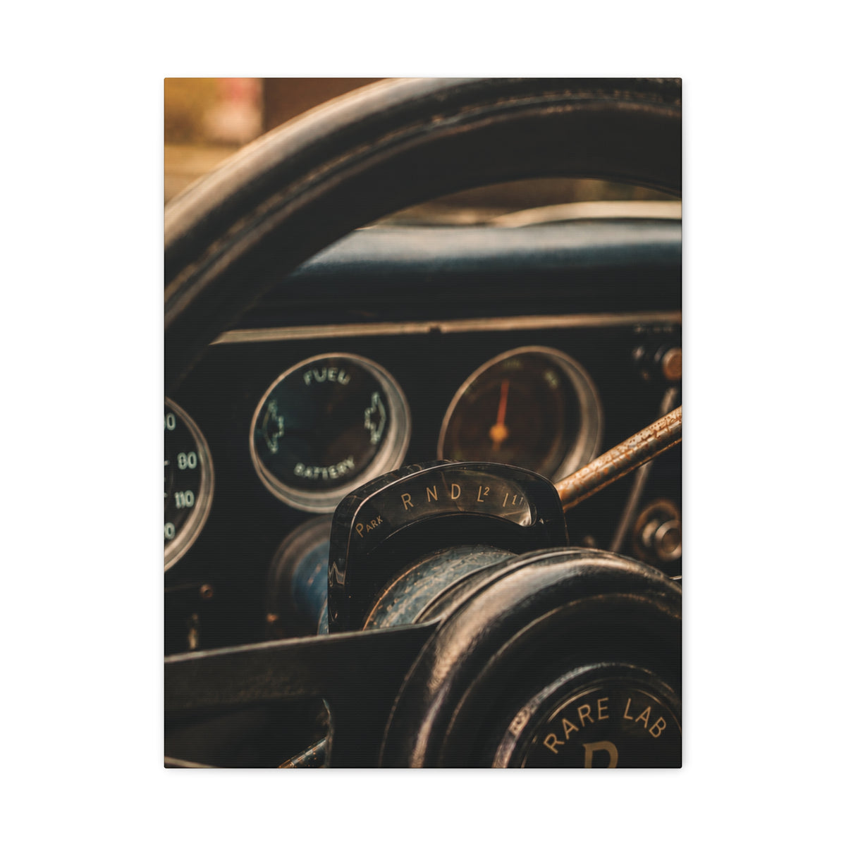 Rare Lab GT Column Shift canvas: close-up of a vintage steering column and wheel in cool blue tones