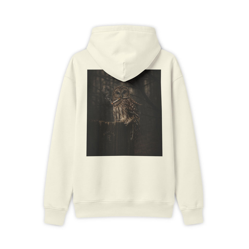 Rare Lab Owl Forest hoodie: shadowy perched owl printed on the back