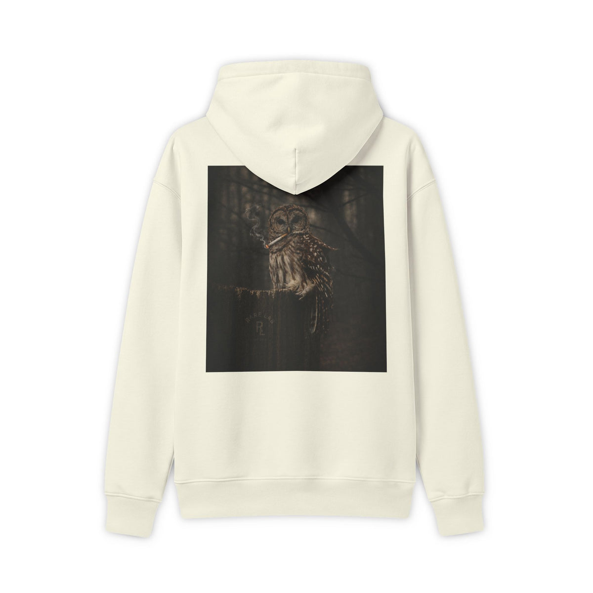 Rare Lab Owl Forest hoodie: shadowy perched owl printed on the back
