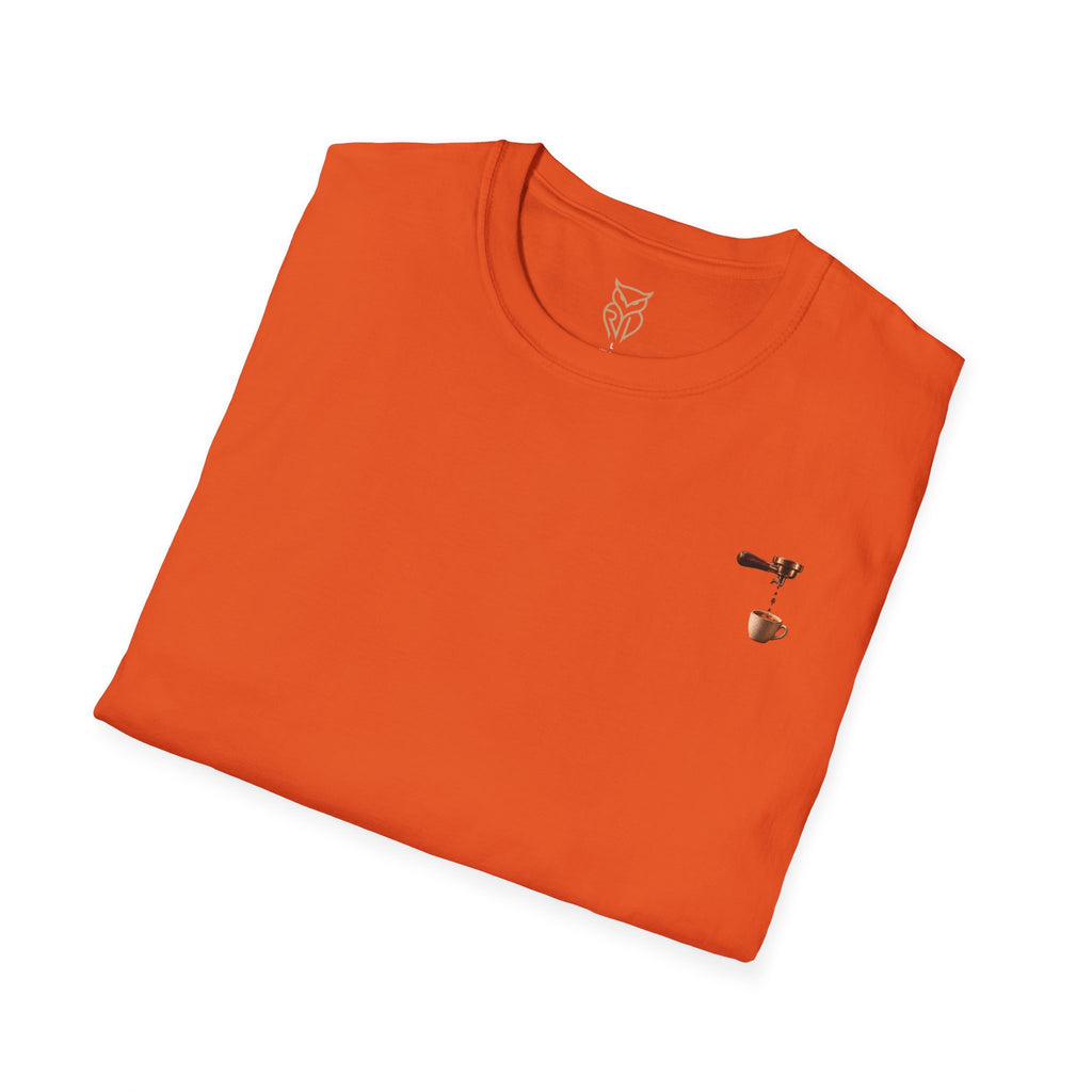 Rare Lab Espresso Drip tee: small Rare Lab Drip espresso design on the chest