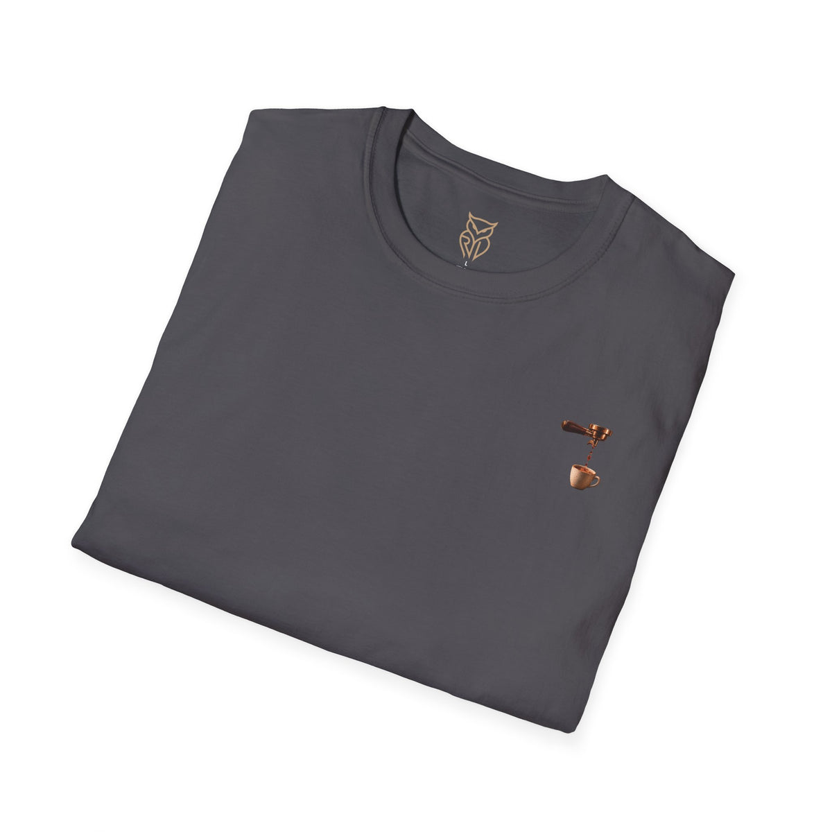 Rare Lab Espresso Drip tee: small Rare Lab Drip espresso design on the chest