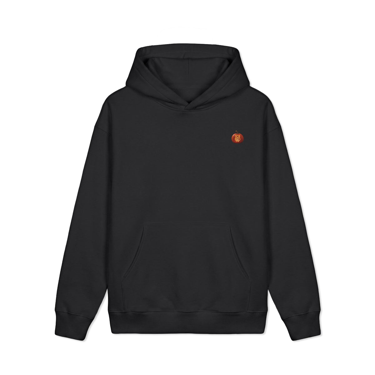 Rare Lab Owl Lantern heavyweight hoodie with a small glowing Rare Lab owl jack-o'-lantern logo on the chest