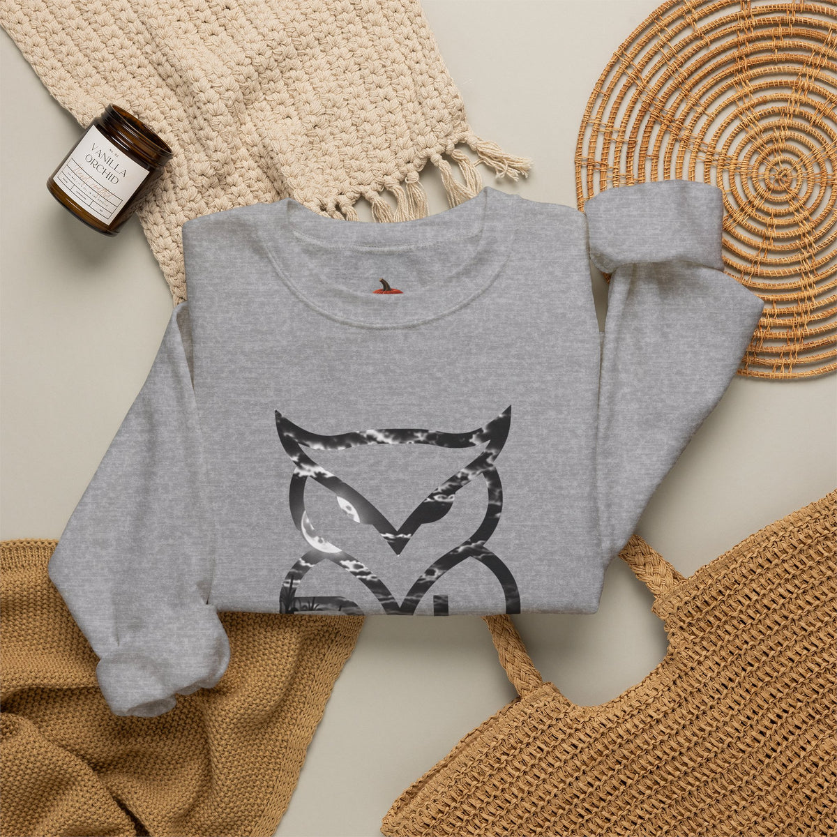 Rare Lab Owl Lantern crewneck sweatshirt: glowing Rare Lab owl jack-o'-lantern on the front, moonlit pumpkin patch scene on the back