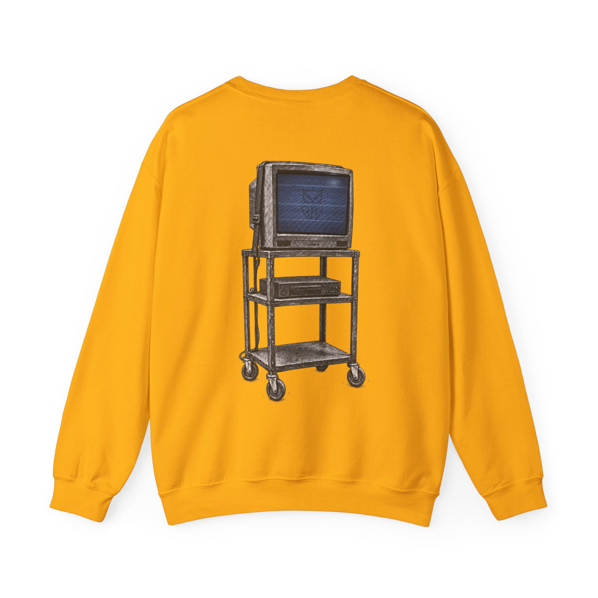 Rare Lab Retro TV Cart crewneck: small owl logo on the chest, faded TV on a rolling cart on the back