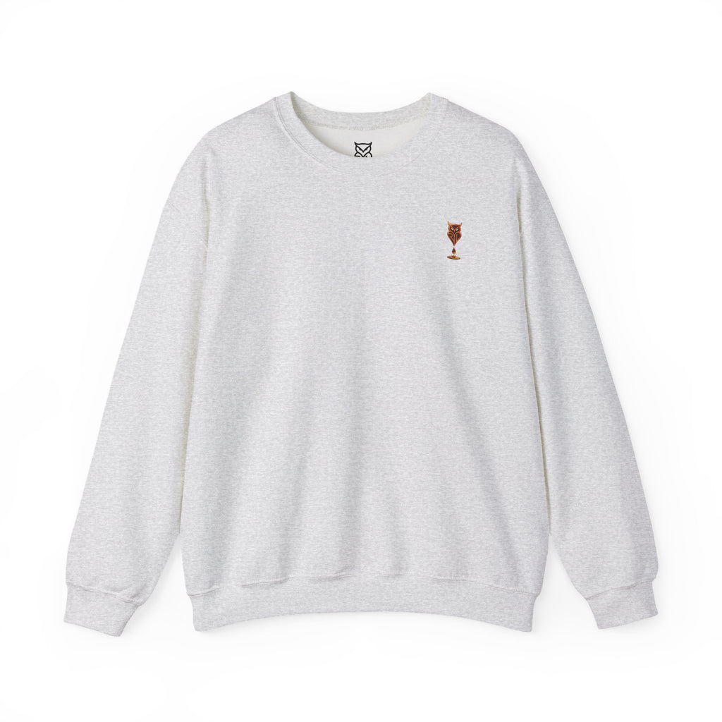Rare Lab Drip Owl crewneck: Rare Lab owl in glossy amber with an espresso drop, on the left chest