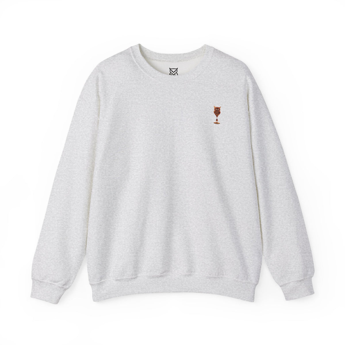 Rare Lab Drip Owl crewneck: Rare Lab owl in glossy amber with an espresso drop, on the left chest