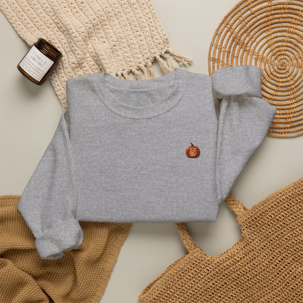 Rare Lab Owl Lantern embroidered crewneck sweatshirt with a small embroidered Rare Lab owl jack-o'-lantern on the chest