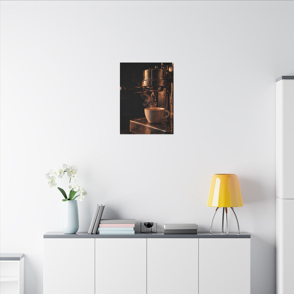 Rare Lab Drip espresso machine canvas: a slow espresso pour and a steaming cup in warm amber tones