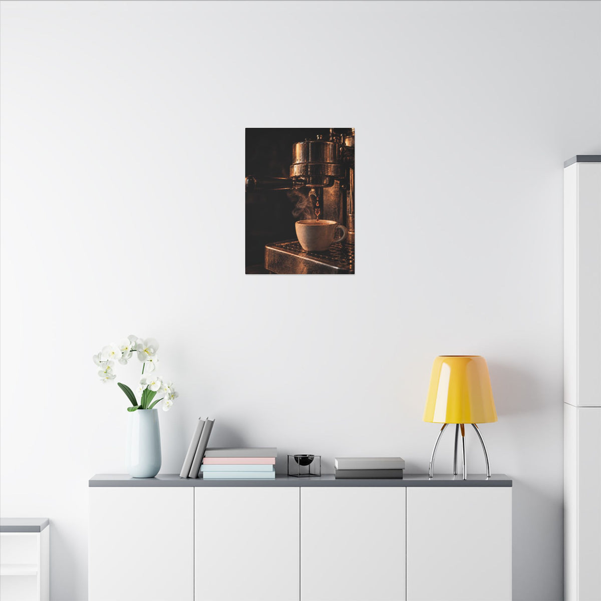 Rare Lab Drip espresso machine canvas: a slow espresso pour and a steaming cup in warm amber tones