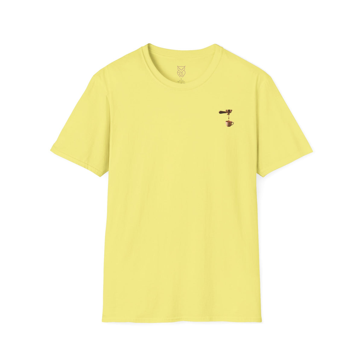 Rare Lab Espresso Drip tee: small Rare Lab Drip espresso design on the chest