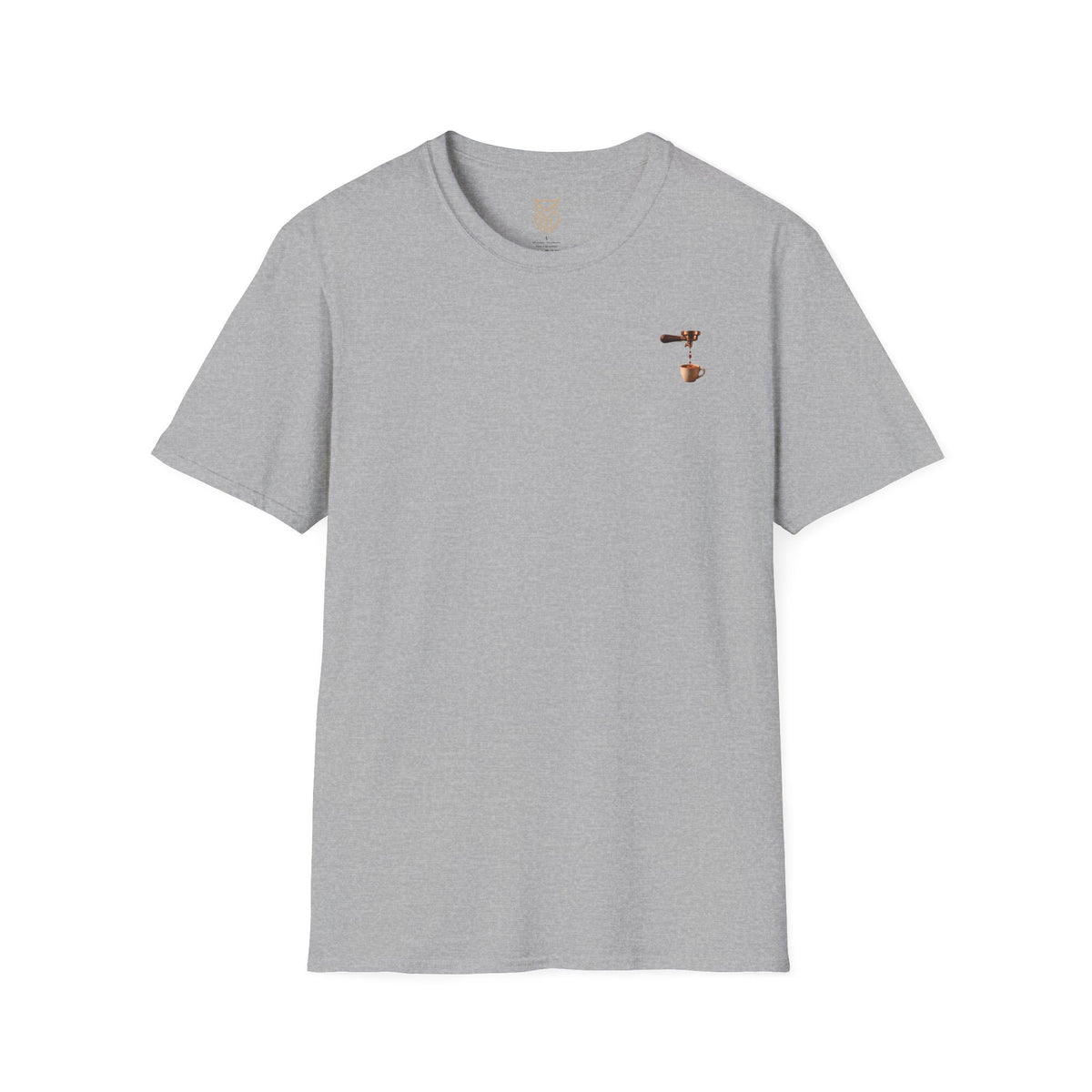 Rare Lab Espresso Drip tee: small Rare Lab Drip espresso design on the chest