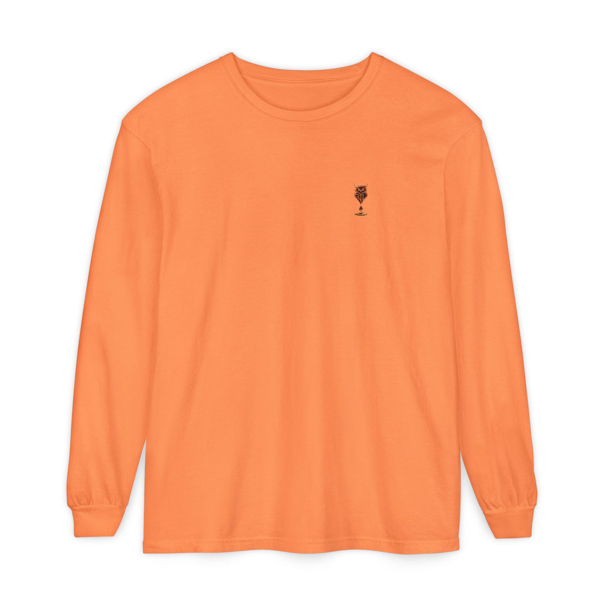 Rare Lab Drip Owl long sleeve tee: Rare Lab owl in glossy amber with an espresso drop, on the left chest