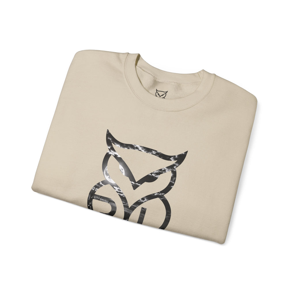 Rare Lab Midnight Owl crewneck in Irish Green: large night-sky owl on the front, C10 truck under a full moon on the back