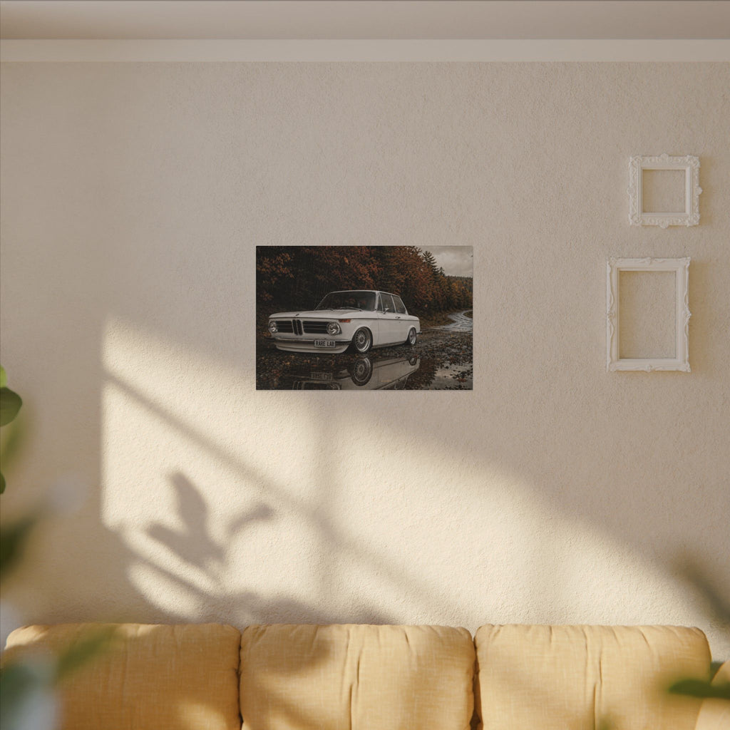 Rare Lab Autumn Ripper canvas: a vintage rally coupe parked by a puddle under autumn trees