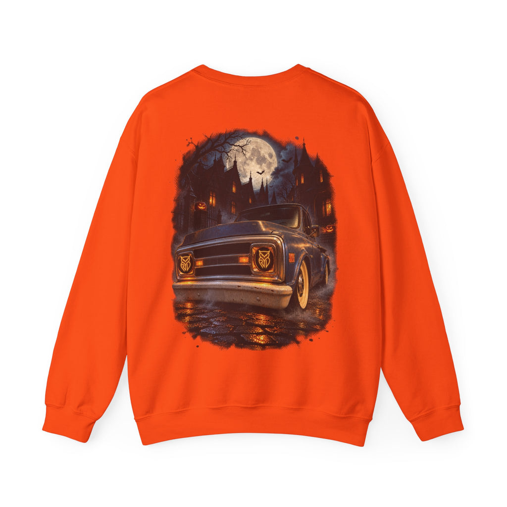 Rare Lab Midnight Owl crewneck in Ash: large night-sky owl on the front, C10 truck under a full moon on the back