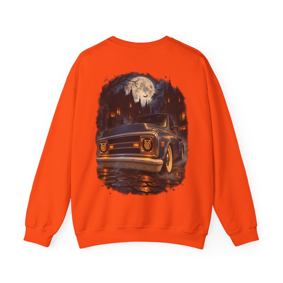 Rare Lab Midnight Owl crewneck in Ash: large night-sky owl on the front, C10 truck under a full moon on the back
