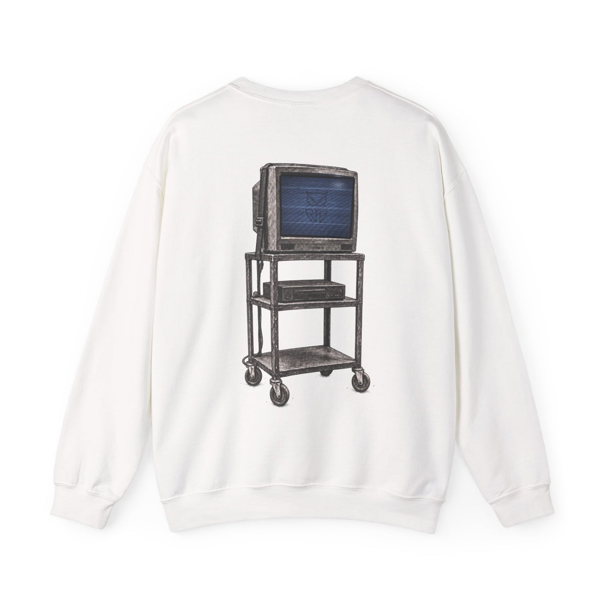 Rare Lab Retro TV Cart crewneck: small owl logo on the chest, faded TV on a rolling cart on the back