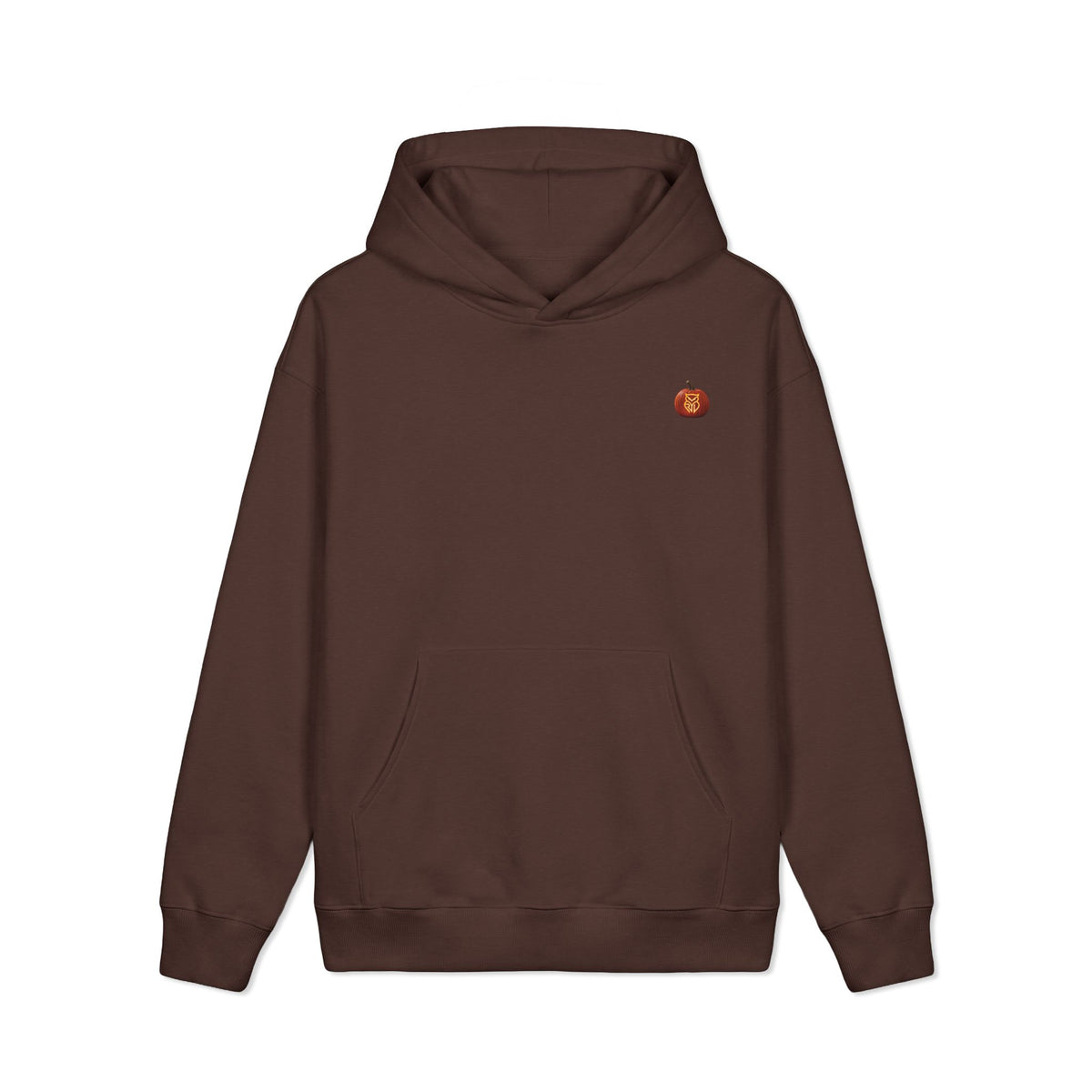 Rare Lab Owl Lantern heavyweight hoodie with a small glowing Rare Lab owl jack-o'-lantern logo on the chest