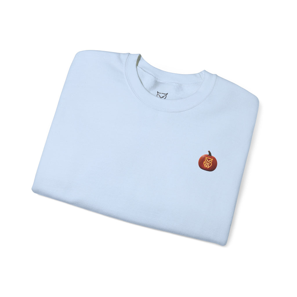 Rare Lab After Dark crewneck sweatshirt: small glowing Rare Lab owl jack-o'-lantern on the chest, C10 truck with owl jack-o'-lantern headlights on the back