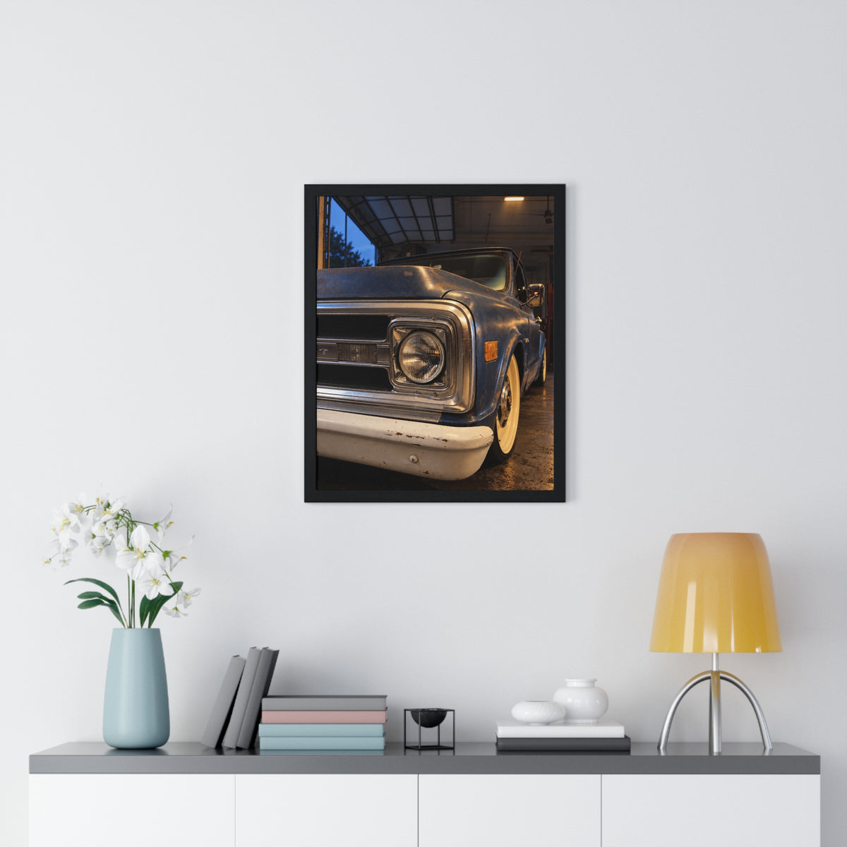 Rare Lab Vintage Blue Truck framed poster: close-up of a classic truck's headlight, bumper and whitewall tire