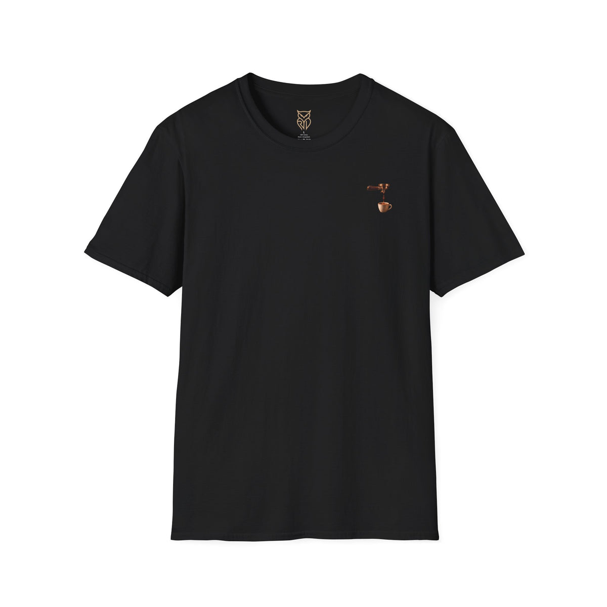 Rare Lab Espresso Drip tee: small Rare Lab Drip espresso design on the chest
