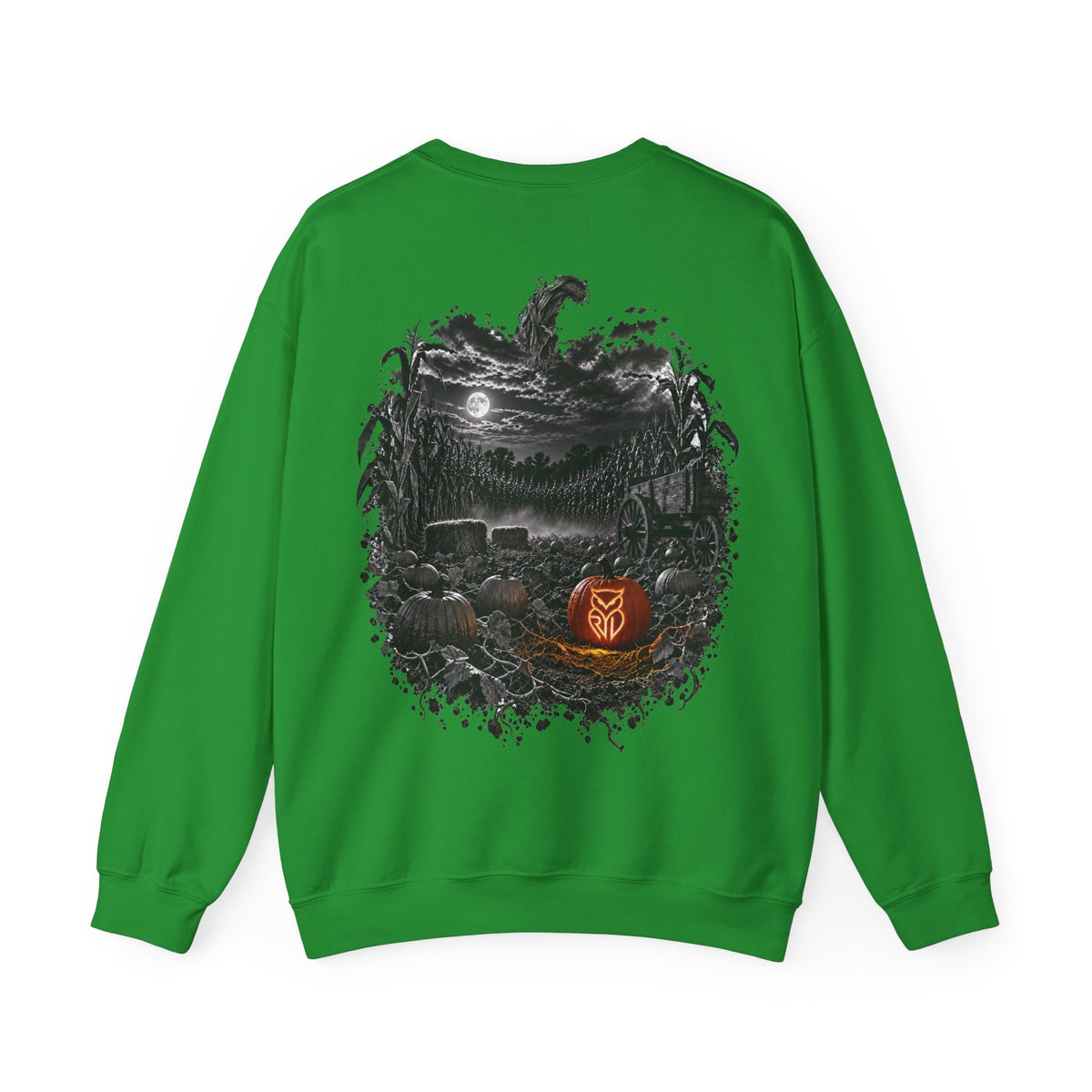 Rare Lab Owl Lantern crewneck sweatshirt: glowing Rare Lab owl jack-o'-lantern on the front, moonlit pumpkin patch scene on the back
