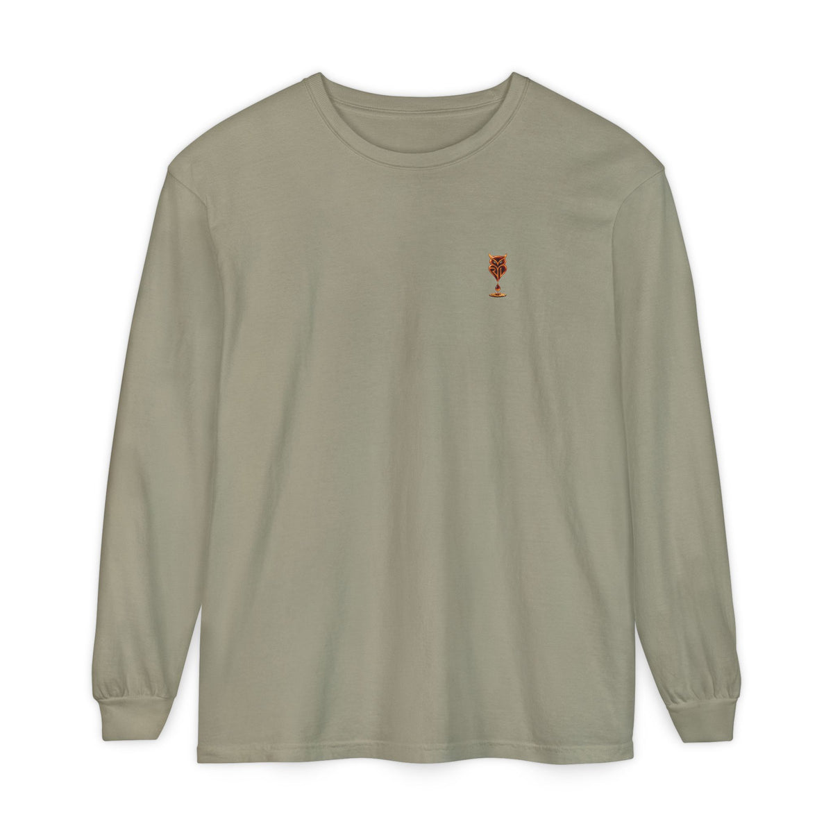 Rare Lab Drip Owl long sleeve tee: Rare Lab owl in glossy amber with an espresso drop, on the left chest