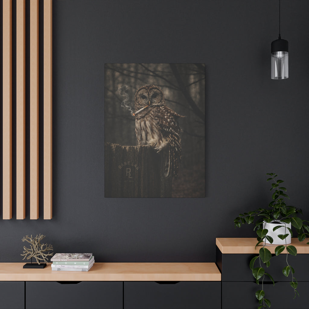 Rare Lab Smoke & Stillness matte canvas: a barred owl on a weathered post with a thin trail of smoke against the dark