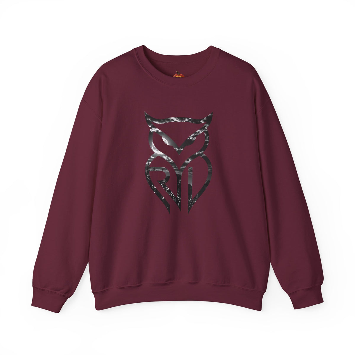 Rare Lab Owl Lantern crewneck sweatshirt: glowing Rare Lab owl jack-o'-lantern on the front, moonlit pumpkin patch scene on the back