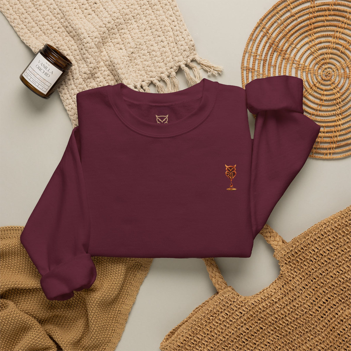 Rare Lab Drip Owl crewneck: Rare Lab owl in glossy amber with an espresso drop, on the left chest