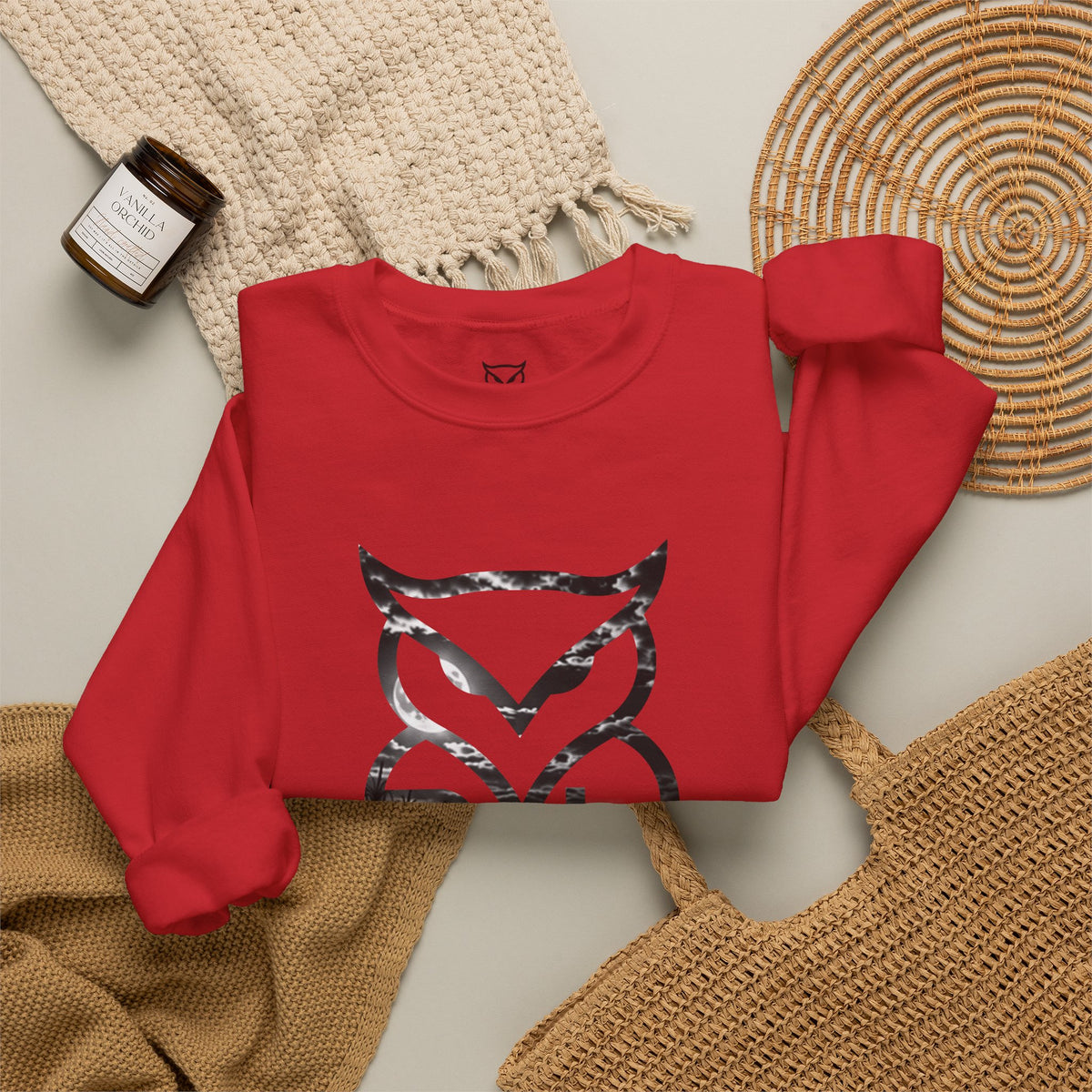 Rare Lab Midnight Owl crewneck in Red: large night-sky owl on the front, C10 truck under a full moon on the back