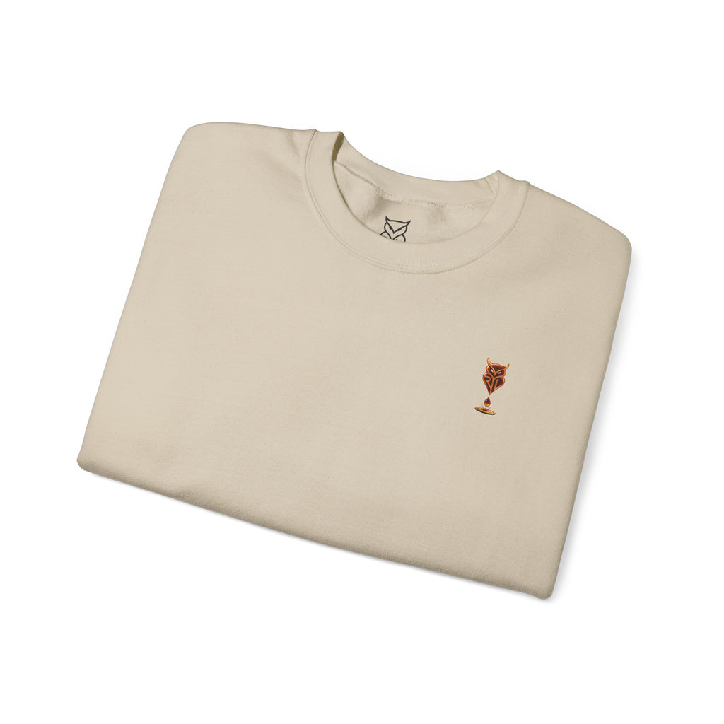 Rare Lab Drip Owl crewneck: Rare Lab owl in glossy amber with an espresso drop, on the left chest