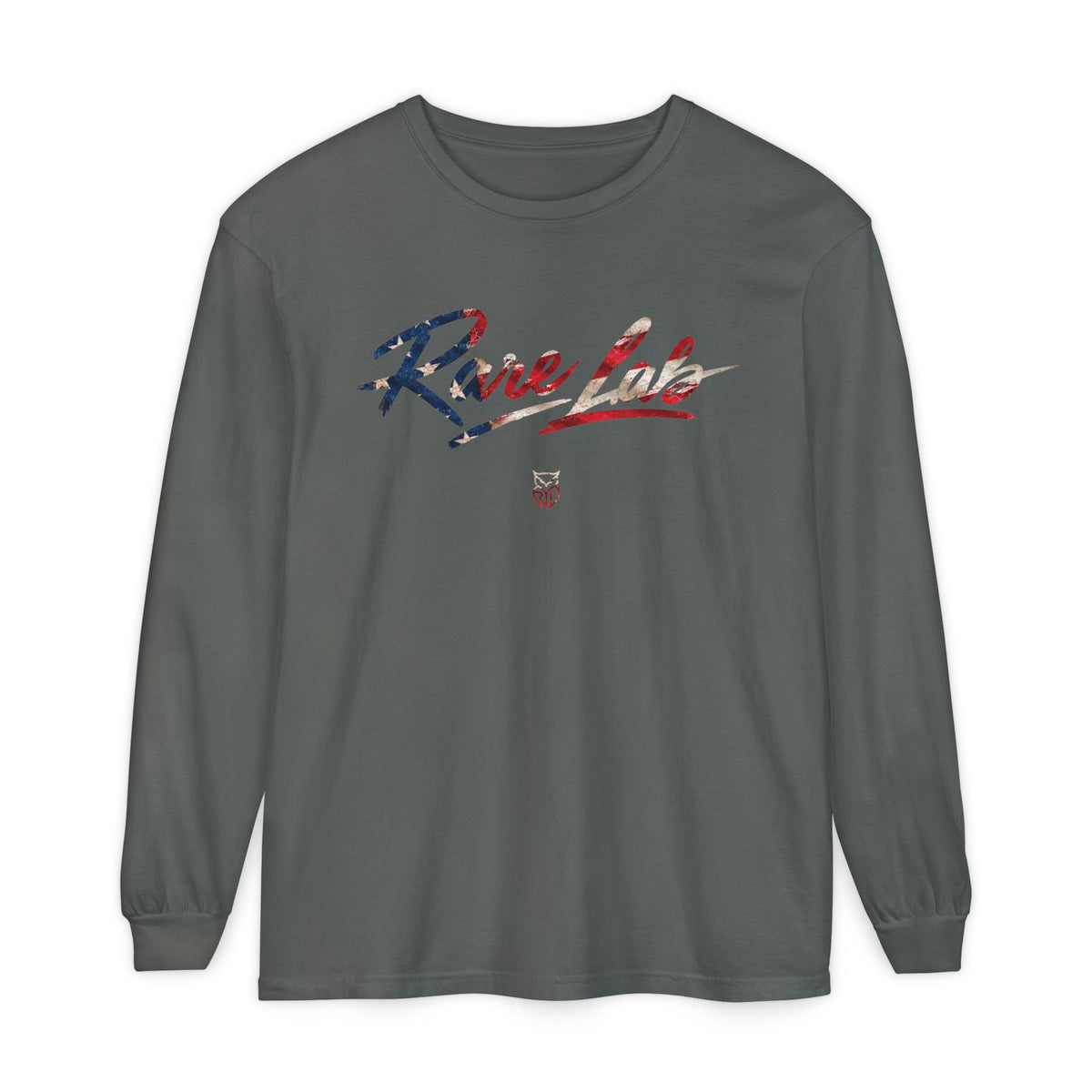 Rare Lab Brush Stroke American Flag long sleeve tee: brush stroke flag script across the chest