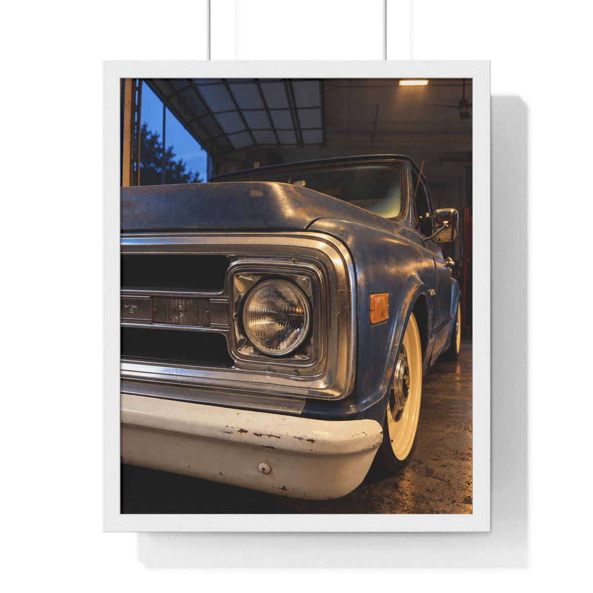 Rare Lab Vintage Blue Truck framed poster: close-up of a classic truck's headlight, bumper and whitewall tire
