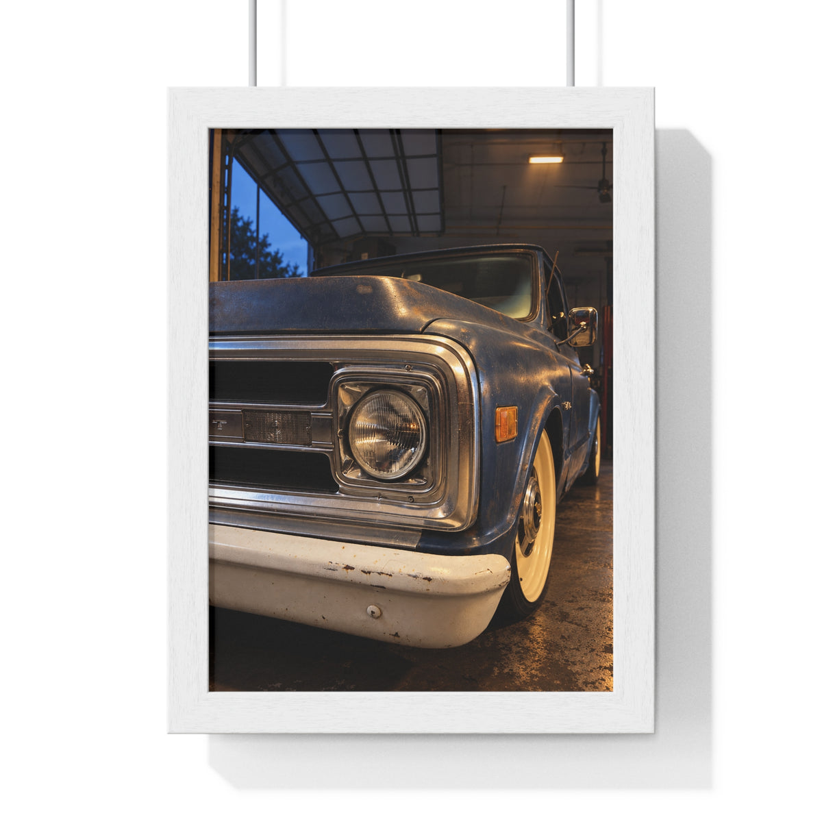 Rare Lab Vintage Blue Truck framed poster: close-up of a classic truck's headlight, bumper and whitewall tire
