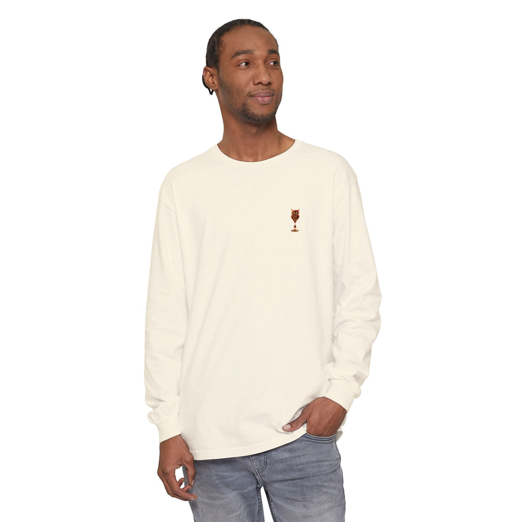 Rare Lab Drip Owl long sleeve tee: Rare Lab owl in glossy amber with an espresso drop, on the left chest