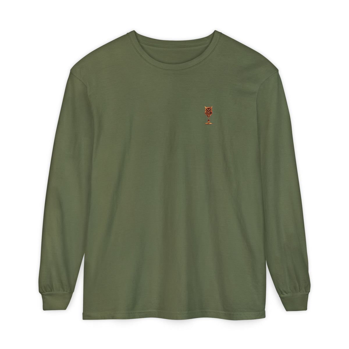 Rare Lab Drip Owl long sleeve tee: Rare Lab owl in glossy amber with an espresso drop, on the left chest