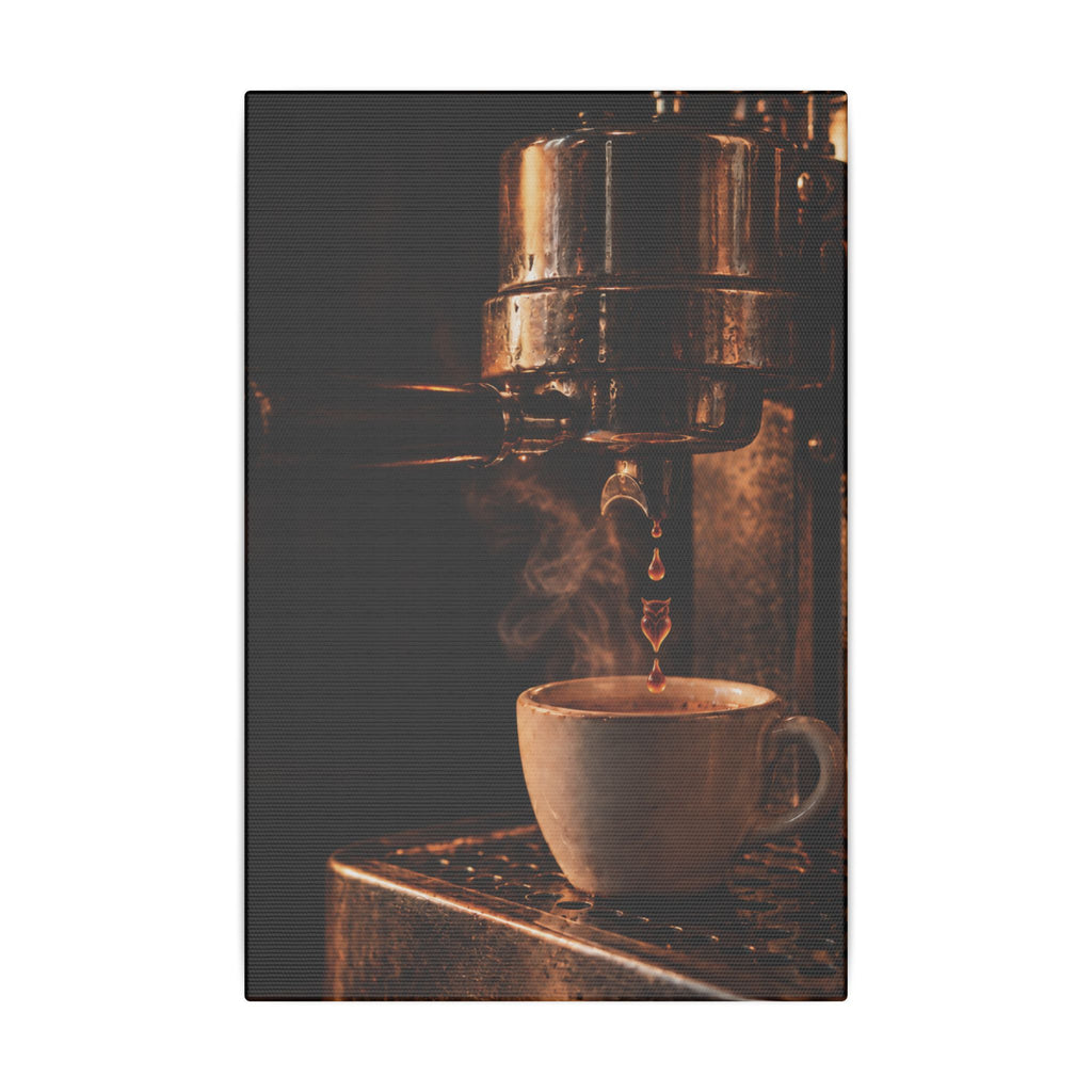 Rare Lab Drip espresso machine canvas: a slow espresso pour and a steaming cup in warm amber tones