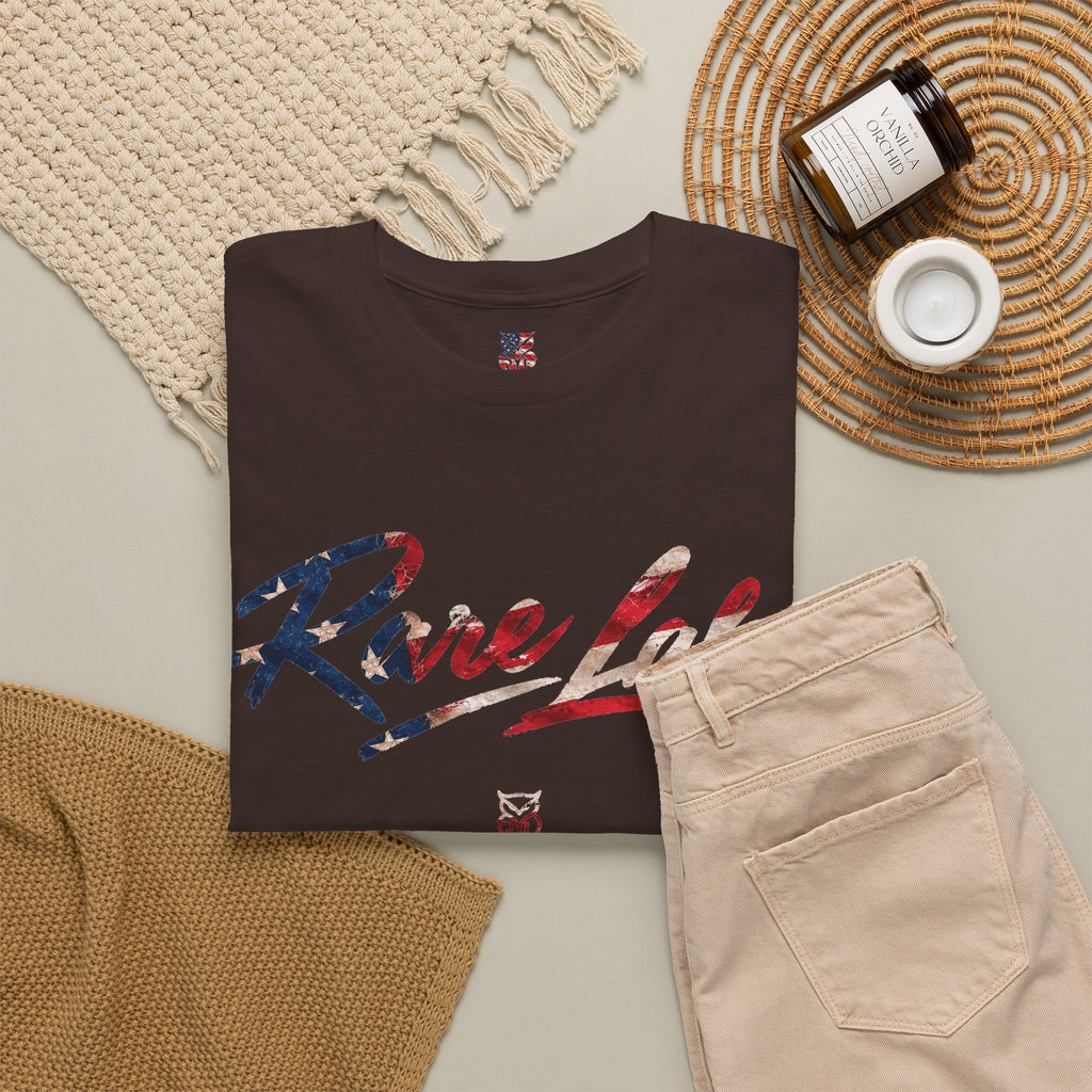 Rare Lab Brush Stroke American Flag tee: faded brush stroke logo in flag colors across the chest