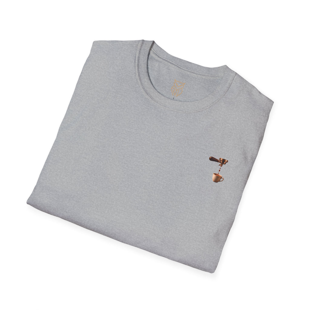 Rare Lab Espresso Drip tee: small Rare Lab Drip espresso design on the chest