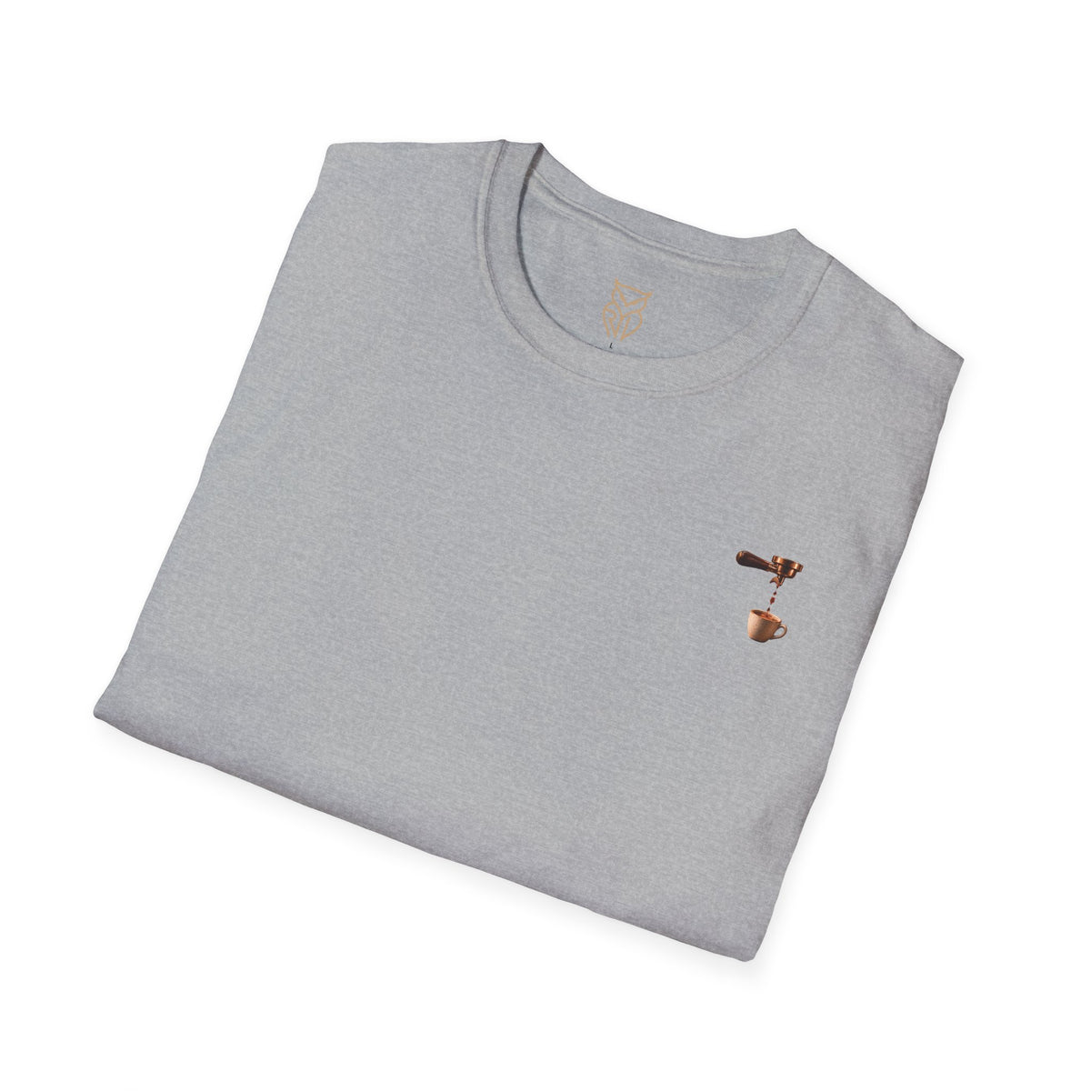 Rare Lab Espresso Drip tee: small Rare Lab Drip espresso design on the chest