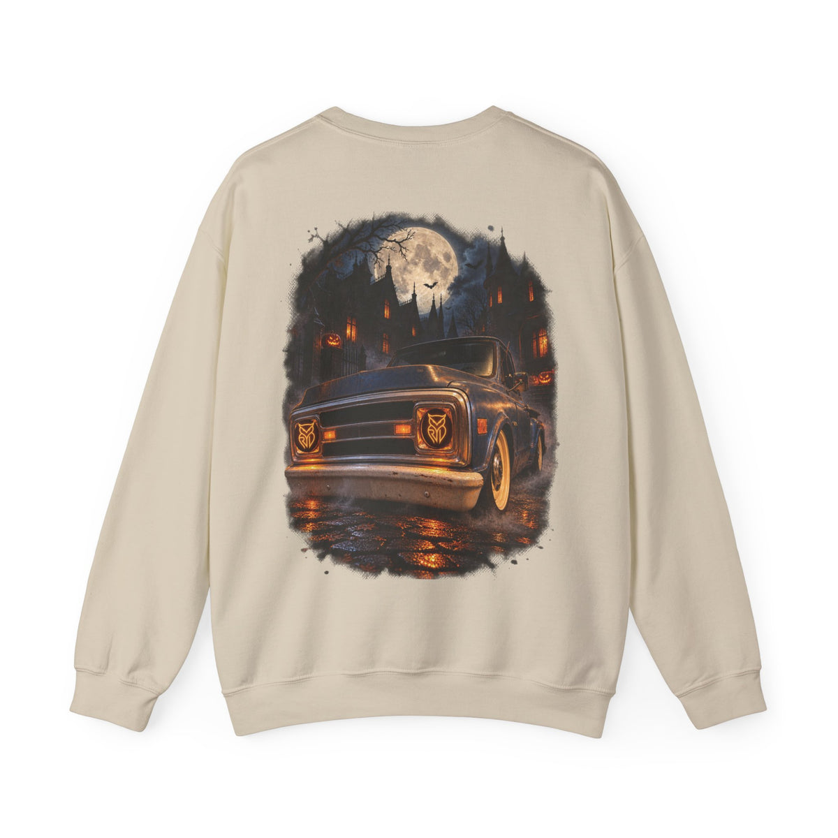 Rare Lab Midnight Owl crewneck in Graphite Heather: large night-sky owl on the front, C10 truck under a full moon on the back